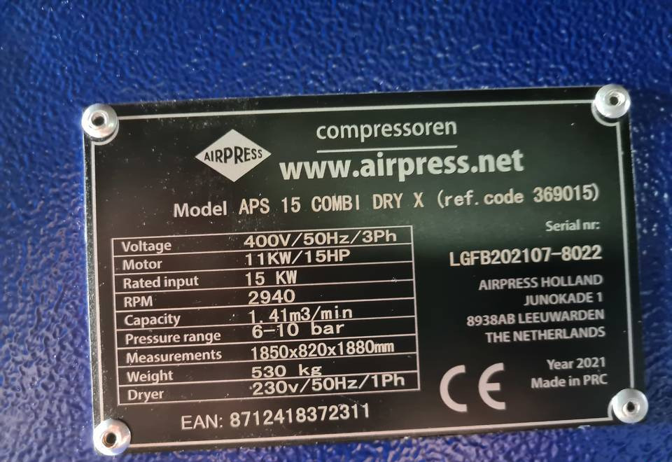 Kompresor śrubowy AIRPRESS APS 15 COMBI DRY X, 11 kw, 2021r - Compresor de aire: foto 5 Kompresor śrubowy AIRPRESS APS 15 COMBI DRY X, 11 kw, 2021r - Compresor de aire: foto 5