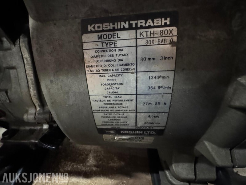 Implemento para Maquinaria de construcción Koshin Trash Vannpumpe KTH-80X med Honda GX240 8.0 motor - 1340 l/min - Ø 80 mm: foto 14