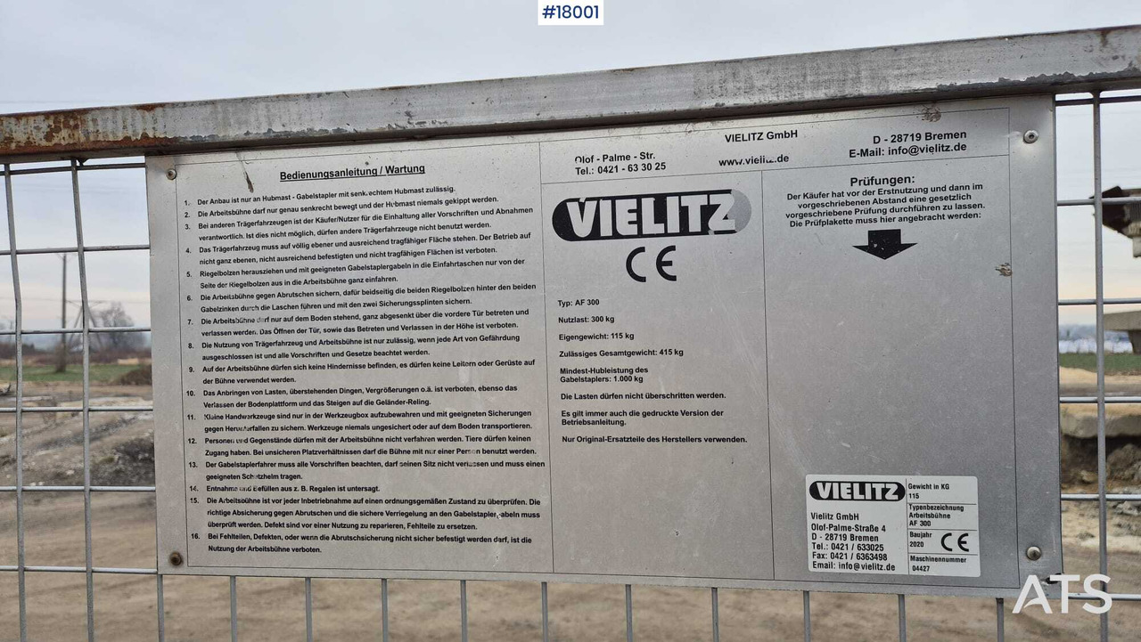 Work platform forklift basket VIELITZ AF 300 (2020) - Implemento para Maquinaria de construcción: foto 5 Work platform forklift basket VIELITZ AF 300 (2020) - Implemento para Maquinaria de construcción: foto 5