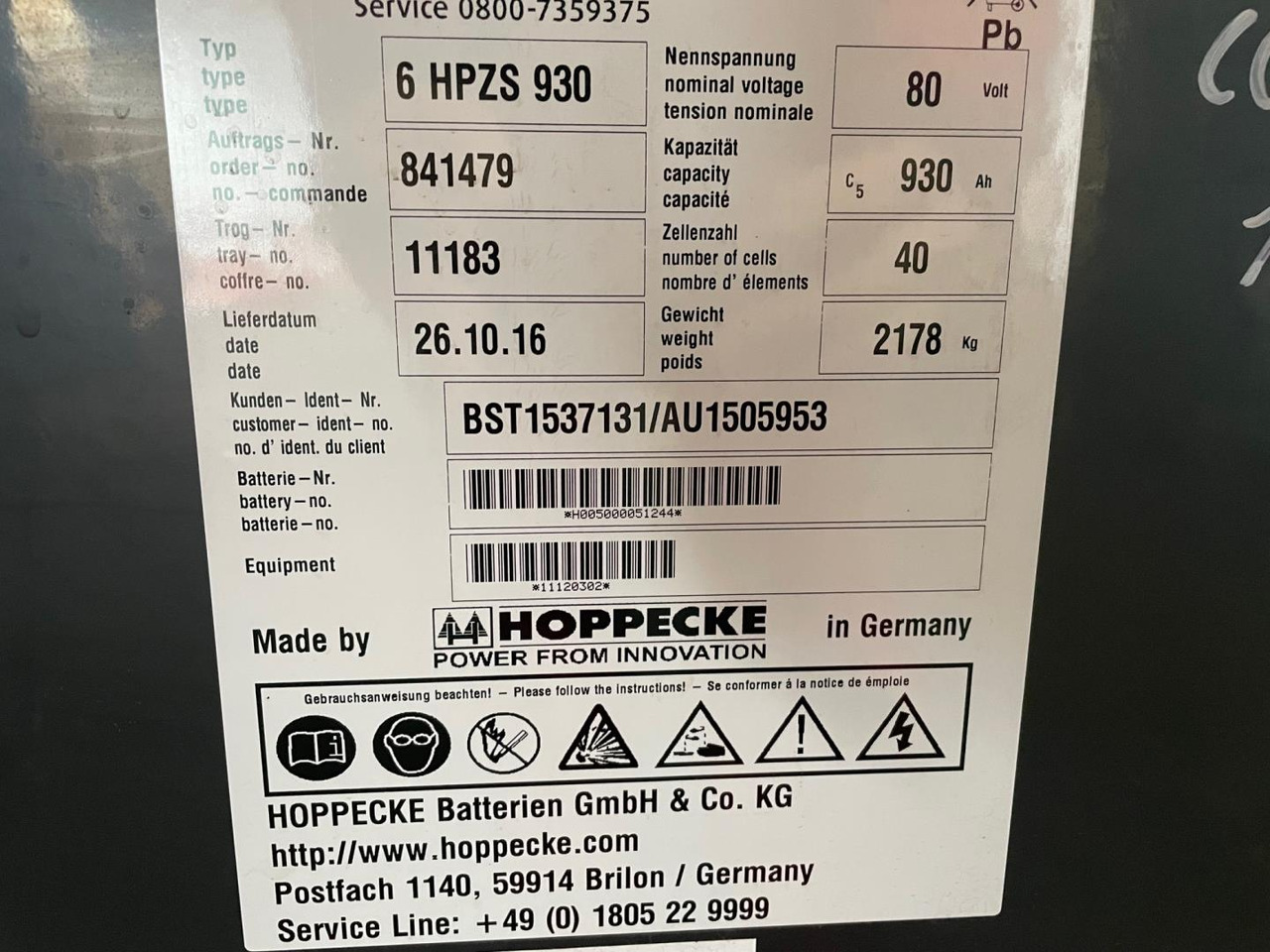 Hoppecke 80V 6 HPZS 930 - Acumulador para Equipo de manutención: foto 2 Hoppecke 80V 6 HPZS 930 - Acumulador para Equipo de manutención: foto 2