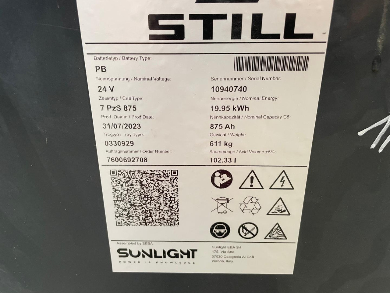 Sunlight 24V 7 PZS 875 - Acumulador para Equipo de manutención: foto 2 Sunlight 24V 7 PZS 875 - Acumulador para Equipo de manutención: foto 2