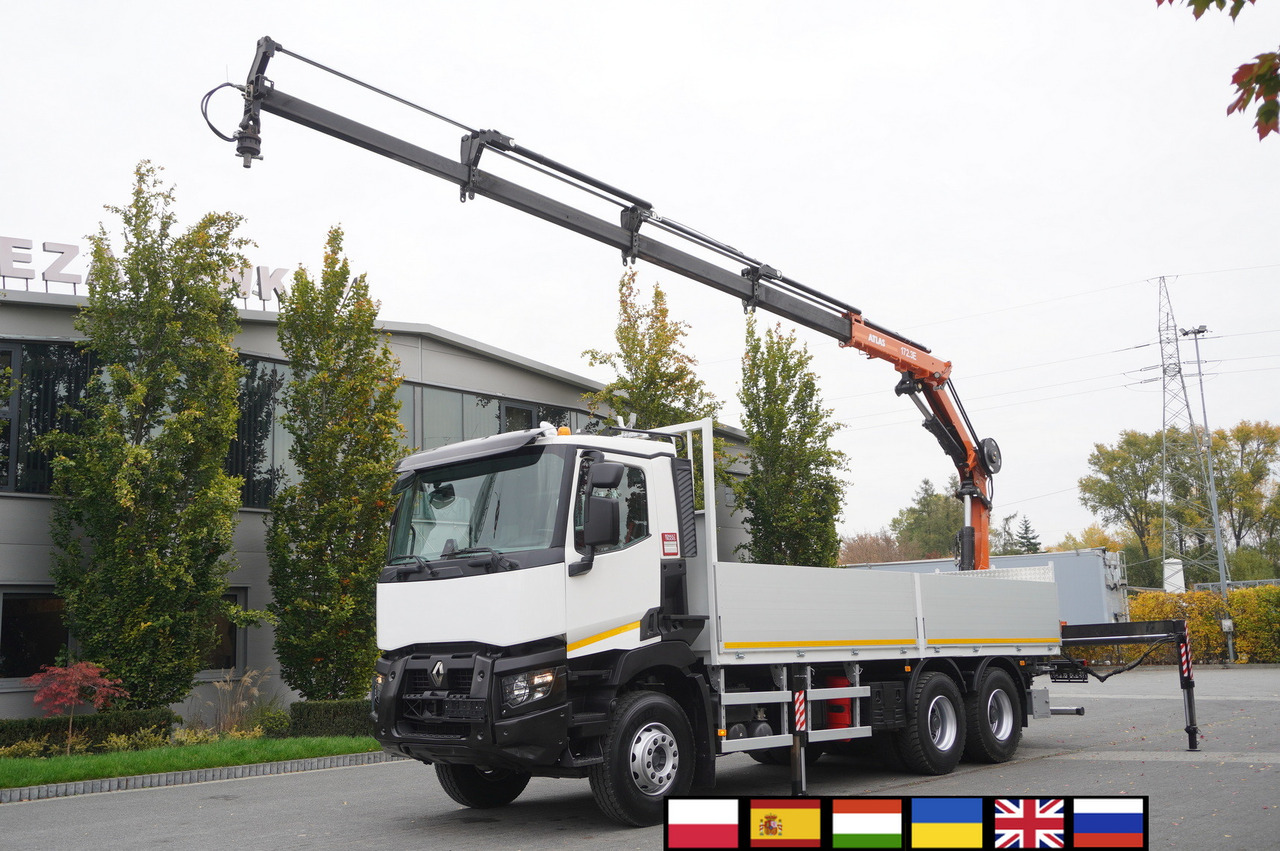 RENAULT C380 Comfort 6x4 / Atlas 172.3E crane / Range 12.3 m / capacity 6.1 t / Flatbed 17 EPAL - Camión caja abierta, Camión grúa: foto 1 RENAULT C380 Comfort 6x4 / Atlas 172.3E crane / Range 12.3 m / capacity 6.1 t / Flatbed 17 EPAL - Camión caja abierta, Camión grúa: foto 1