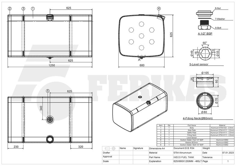 Depósito de combustible para Camión Iveco New aluminum fuel tank 480L: foto 8 Depósito de combustible para Camión Iveco New aluminum fuel tank 480L: foto 8