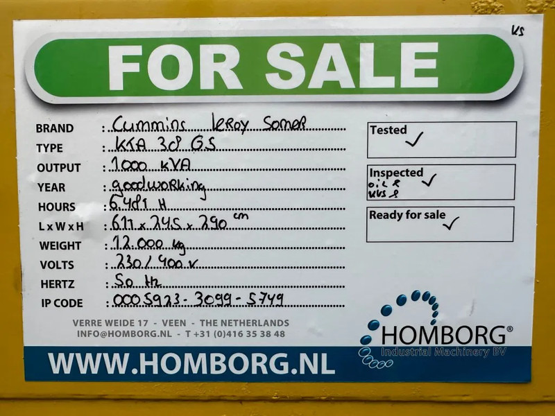 Generador industriale Cummins KTA 38 G5 Leroy Somer 1000 kVA Silent generatorset in container: foto 16