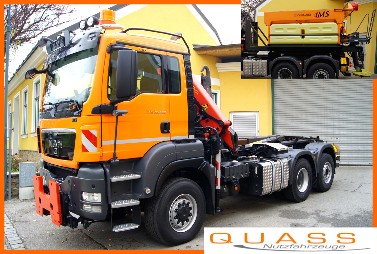MAN TGS 28.400 BL 6x4-4/TÜV/PK12002/PALIFT/Winterdienst/Salzstreuer/Streuer/Schneepflug - Camión grúa: foto 1 MAN TGS 28.400 BL 6x4-4/TÜV/PK12002/PALIFT/Winterdienst/Salzstreuer/Streuer/Schneepflug - Camión grúa: foto 1